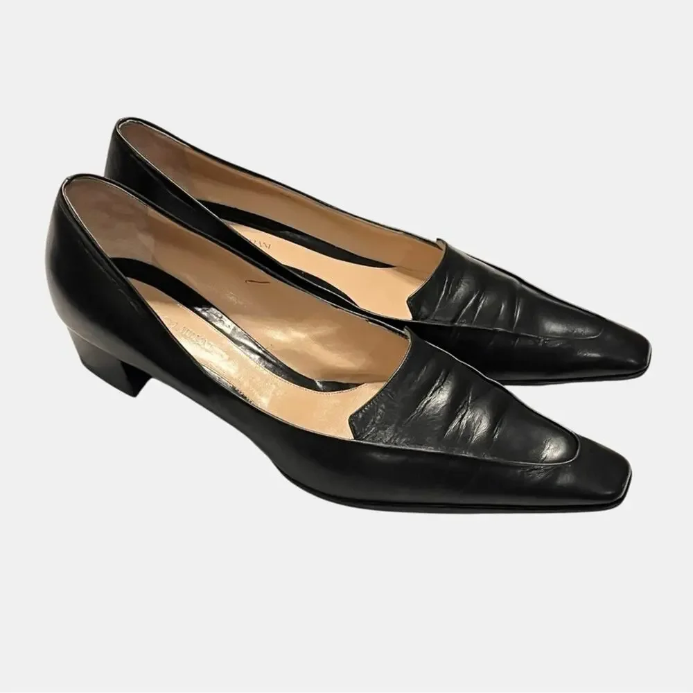 GIORGIO ARMANI black leather low heel squared off point toe heels size 9.5 39.5